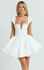 Fabia Mini Dress - Cap Sleeve Square Neck Fit And Flare Dress in White