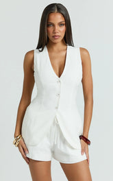 Olivia Top - Longline Linen V Neck Back Tie Vest Top in White