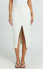 Janeve Midi Skirt - Front Split Denim Skirt in Ecru