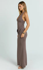 Heath Maxi Dress - Scoop Halter Neck With Drape Front Skirt Back Split Dress in Brown