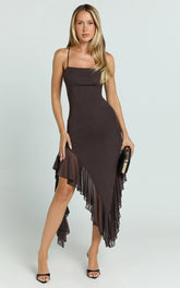 Constantina Midi Dress - Asymmetric Ruffle Tie Back Dress in Dark Chocolate