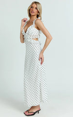 Dahlia Midi Dress - Ruffle Details Slip Dress in White Based Polkadot