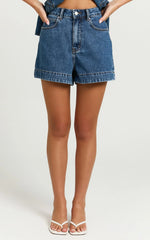 Rhianna Shorts - Mid Waist Recycled Denim Shorts in Dark Blue Wash