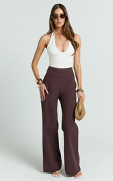 Narcisa Pants - Linen Look High Waist Bootleg Pants in Chocolate