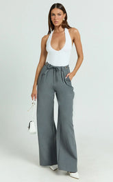 Frankie Pants - Low Rise Pleated Wide Leg Pant with Hardware Buckle in Grey