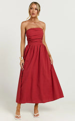 Polly Midi Dress - Strapless Ruched Dress in Red