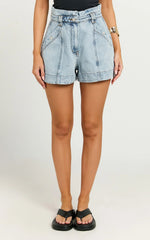 Kayla Shorts - High Waisted A Line Denim Shorts in Light Blue Wash