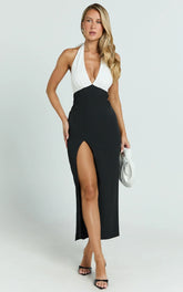 Kaitlin Midi Dress - Contrast Halter Plunge Tie Back Fitted Dress in Black
