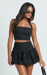 Abellina Mini Skirt - High Waist Bubble Hem Skirt in Black