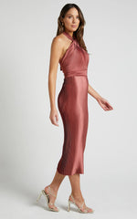 Marlette Midi Dress - Pleated Open Back Halter Dress in Rust