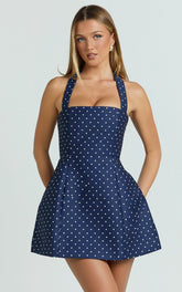 Dante Mini Dress - Halter Neck Tie Tulip Skirt Dress in Navy Polka Dot