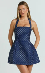 Dante Mini Dress - Halter Neck Tie Tulip Skirt Dress in Navy Polka Dot