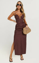 Nicoletta Midi Dress - Sweetheart Back Tie Gathered Dress in Chocolate