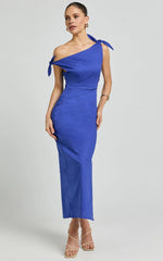 Cincinnati Midi Dress - Off The Shoulder Side Split Column Linen Dress in Cobalt