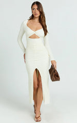 Delaney Midi Dress - Long Sleeve Twist Front Bodycon Dress in Cream