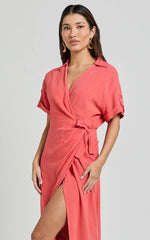 Carina Midi Dress - Linen Blend Short Sleeve Collared Wrap Dress in Orange