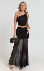 Bindi Maxi Skirt - Asymmetric Contrast Jersey Leg Split Skirt in Black