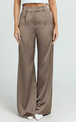 Cade Pants - Mid Waisted Front Pleat Satin Wide Leg Pants in Taupe