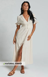 Avegail Midi Dress - V Neck Button Through Short Sleeve Dress in Bone