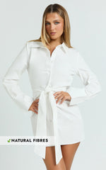 Duncan Mini Dress - Long Sleeve Tie Waist Shirt Dress in White