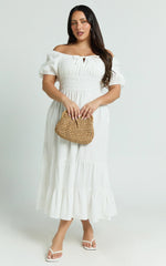Claritza Midi Dress - Linen Look Short Puff Sleeve Square Neck Tiered Dress in White