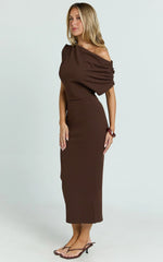 Nalfie Midi Dress - Tipped Shoulder Jersey Drape Dress in Chocolate