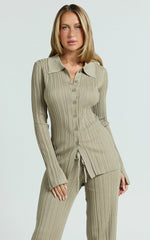 Kelsey Top - Button Through Long Sleeve Knitted Top in Taupe