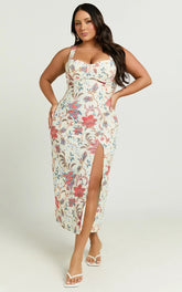 Drew Midi Dress - Linen Cross Back Bustier Dress in Summer Chintz