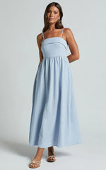 Carlyn Midi Dress - Linen Detachable Straps in Blue