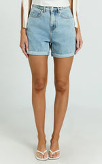Cristiana Shorts - High Waisted Cuffed Denim in Light Blue Wash