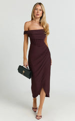 Aidia Midi Dress - Off Shoulder Draped Corset Dress in Burgundy