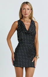 Blanca Mini Dress - Cowl Neck Bias Cut Dress in Black Polka Dot