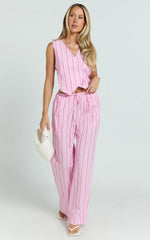 Layla Pants - Mid Waisted Relaxed Elastic Waist Pants in Pink Stripe