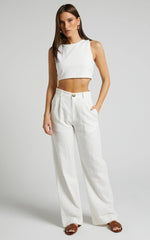 Larissa Trousers - Linen Mid Waisted Relaxed Straight Leg Trousers in White