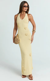 Elodie Maxi Dress - Halter 3D Floral Knit Dress in Lemon