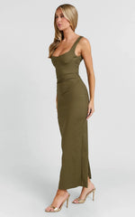 Benita Midi Dress - Scoop Neck Ruched Fitted Dress in Olive