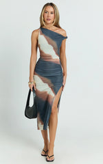 Nenita Midi Dress - One Shoulder Mesh Dress in Rust Print