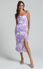 Brailey Midi Dress - Thigh Split Strapless Dress in Purple Jacquard