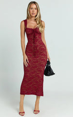 Collette Midi Dress - Ruched Bust Wide Strap Detail Lace Midi Dress in Wine