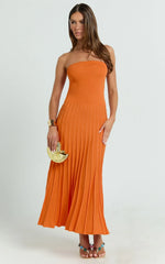 Paris Midi Dress - Strapless Drop Waist Pleated Knit Dress in Orange