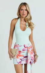 Fergie Mini Skirt - Ocean Orchid Print Gathered Drape Skirt in Ocean Orchid Print