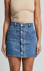 Gertrude Mini Skirt - High Waist Button Through Denim Skirt in Mid Blue Wash