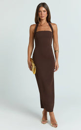 Salome Midi Dress - Halter Neck Column Dress in Dark Chocolate
