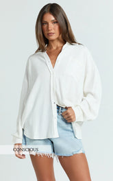 Leanne Top - Button Down Linen Blend Long Sleeve Shirt in White