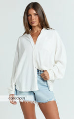 Leanne Top - Button Down Linen Blend Long Sleeve Shirt in White