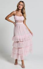 Evelynn Midi Dress - Sweetheart Corset Bodice Fit & Flare Tiered in Ballet Pink
