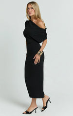 Nalfie Midi Dress - Tipped Shoulder Jersey Drape Dress in Black
