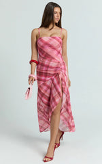 Pascal Midi Dress - Mesh Spaghetti Strap Split Dress in Cherry Check Print