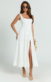 Kristi Midi Dress - Scoop Neck Fit And Flare Dress in Off White