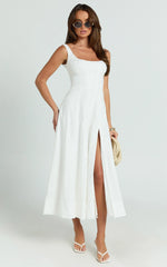 Kristi Midi Dress - Scoop Neck Fit And Flare Dress in Off White